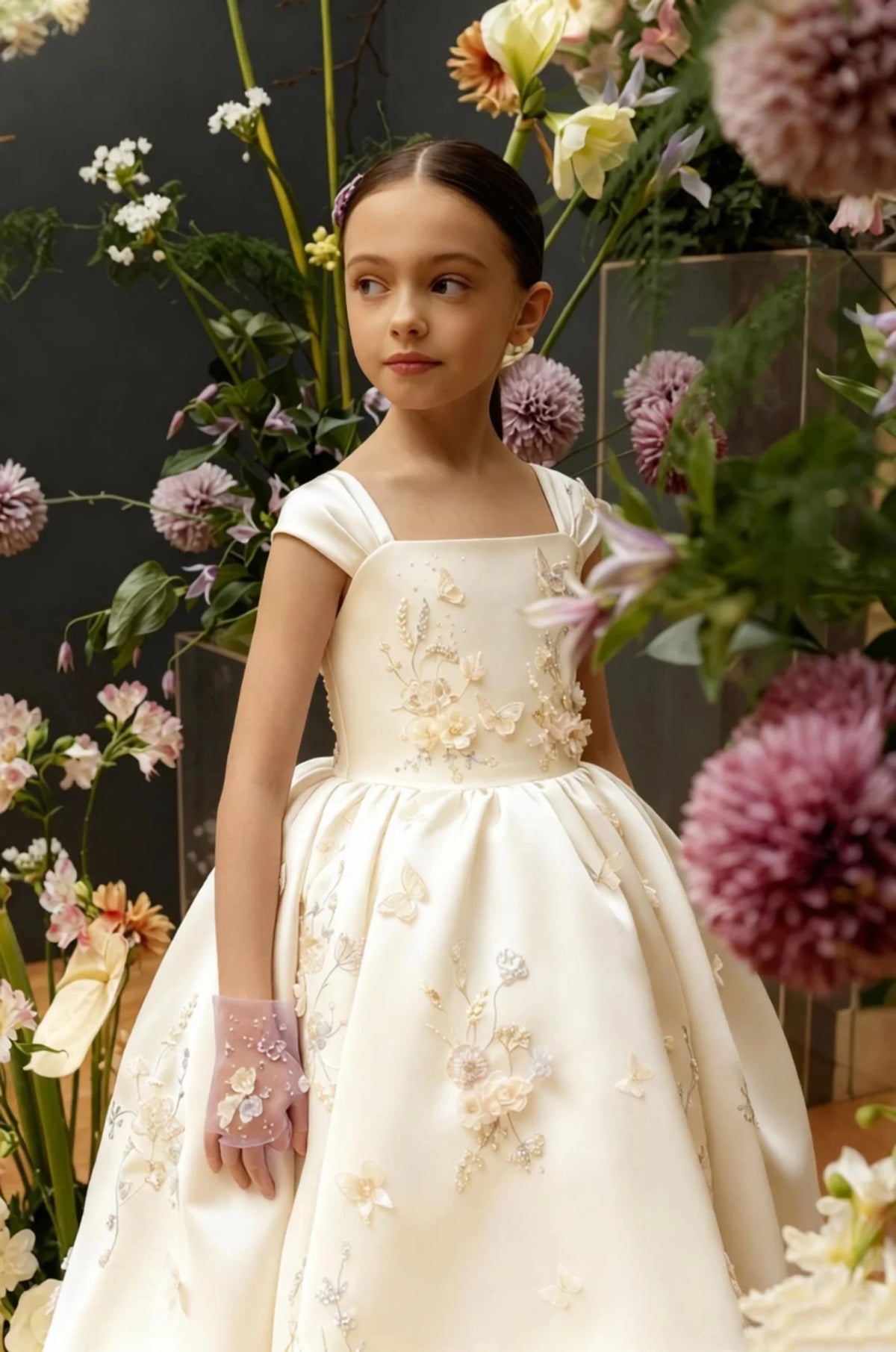 Floral Applique Tea Length Flower Girl Dress - Luzilly Bridal & Apparel