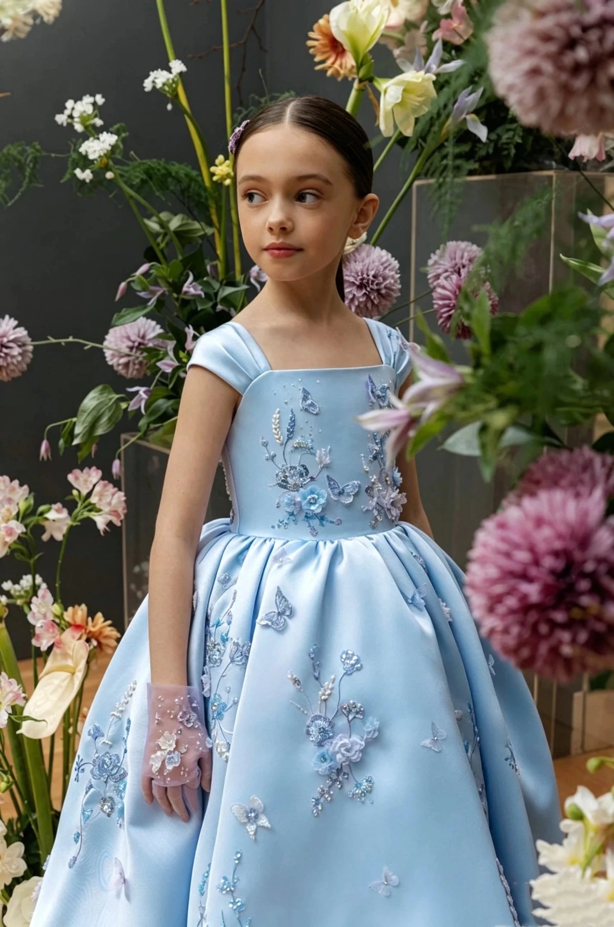 Floral Applique Tea Length Flower Girl Dress - Luzilly Bridal & Apparel