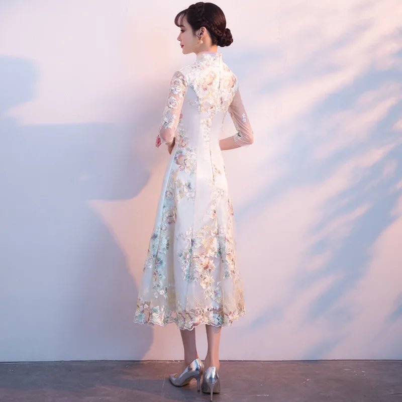 Floral Embroidered Satin Cheongsam Gown - Luzilly Bridal & Apparel