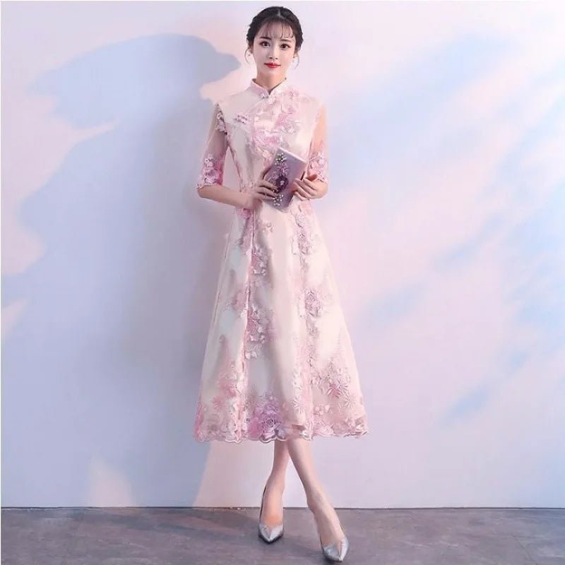 Floral Embroidered Satin Cheongsam Gown - Luzilly Bridal & Apparel