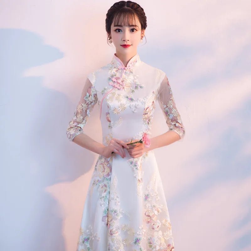 Floral Embroidered Satin Cheongsam Gown - Luzilly Bridal & Apparel