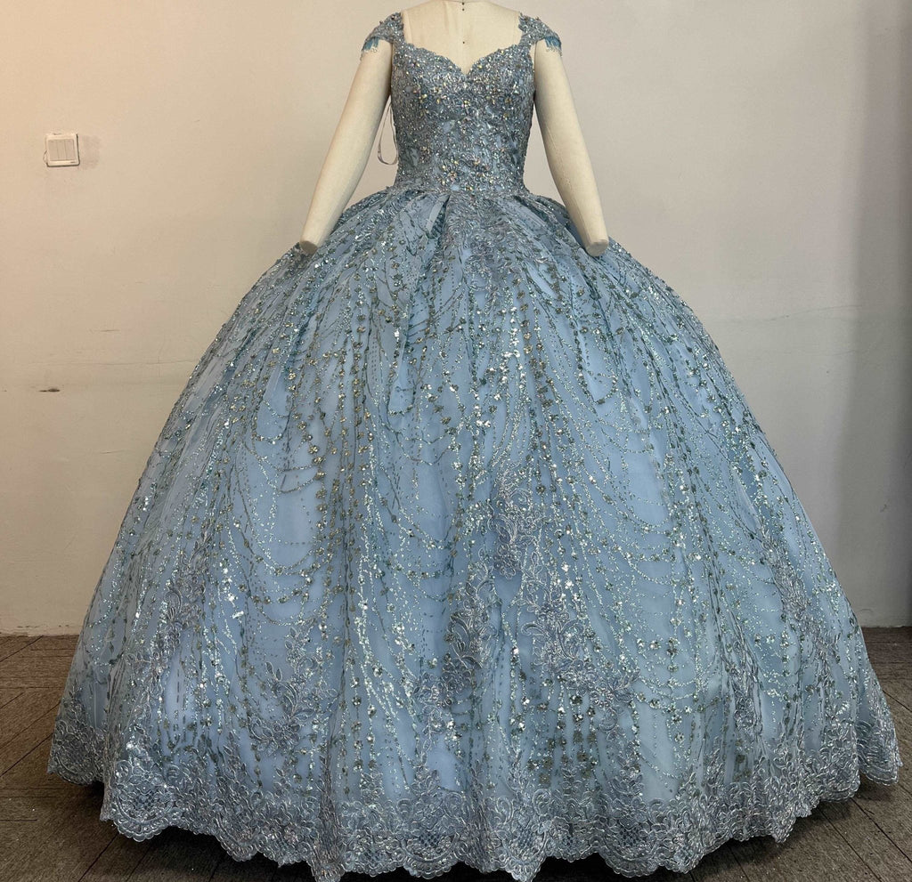 Floral Glitter Jewel-Neckline Quinceañera Gown - Luzilly Bridal & Apparel