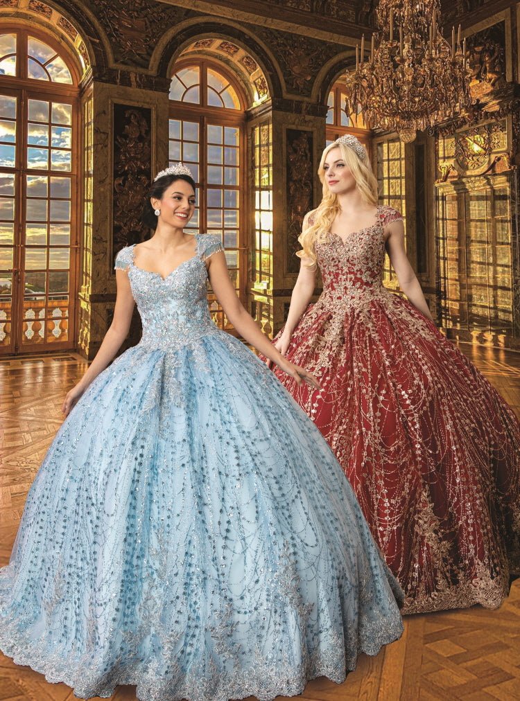 Floral Glitter Jewel-Neckline Quinceañera Gown - Luzilly Bridal & Apparel
