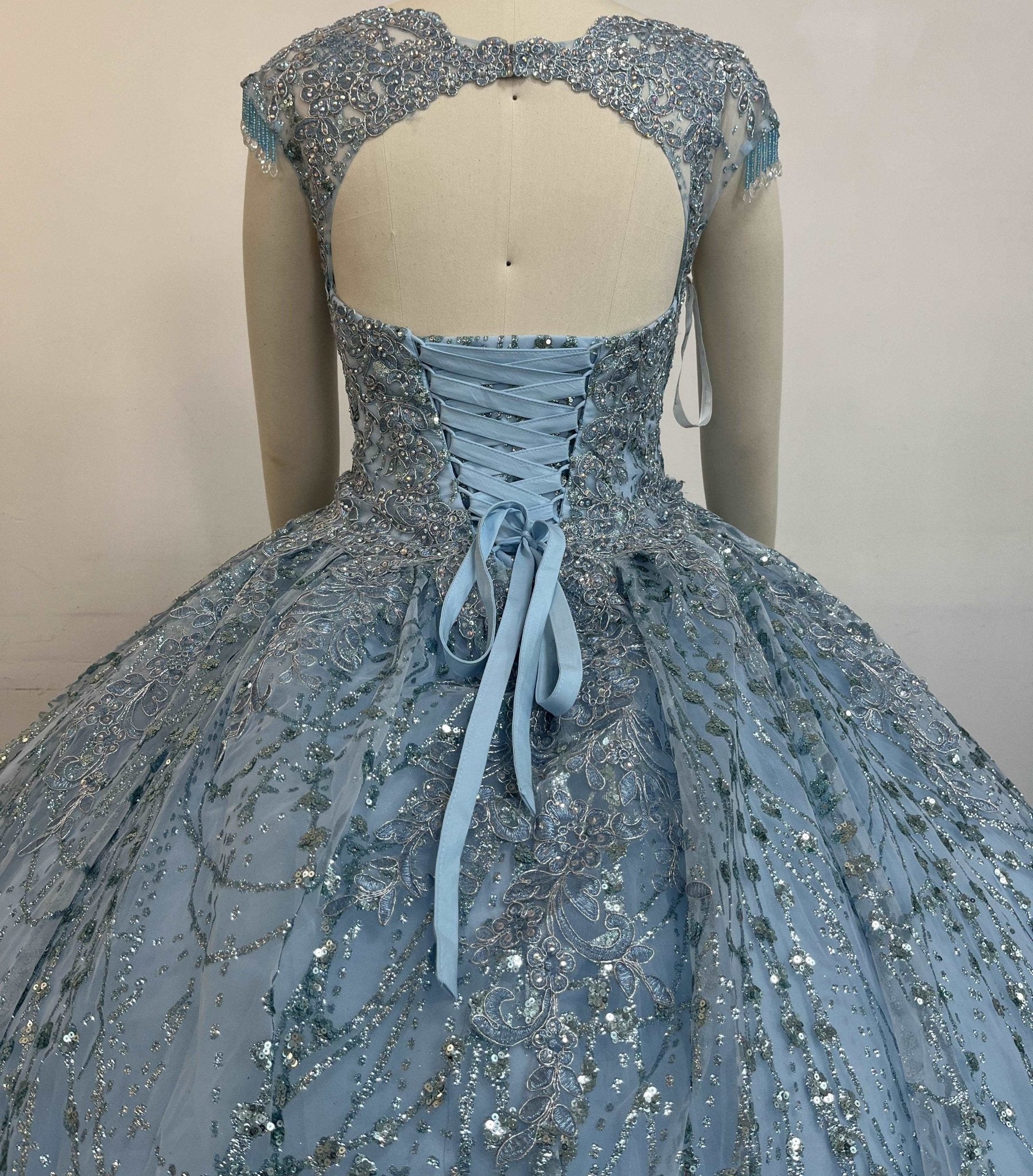 Floral Glitter Jewel-Neckline Quinceañera Gown - Luzilly Bridal & Apparel
