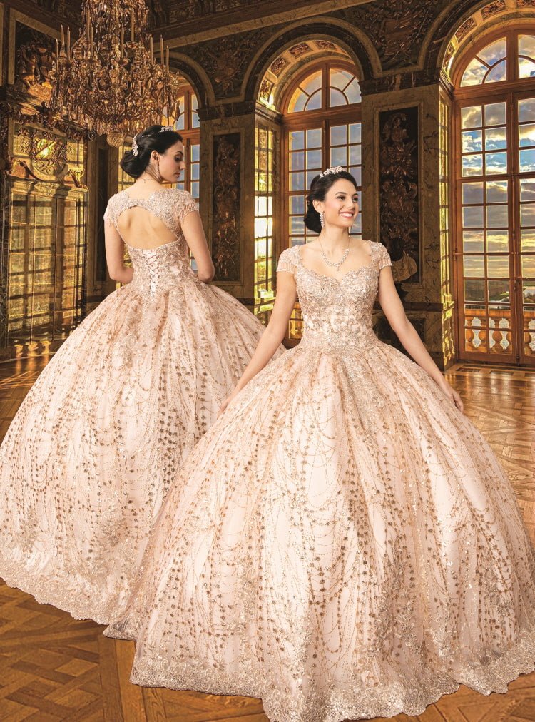 Floral Glitter Jewel-Neckline Quinceañera Gown - Luzilly Bridal & Apparel