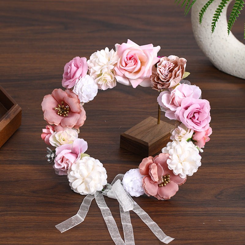 Floral Headband Hair Accessory with Artificial Flowers Wedding Bridal Veil, Photography Studio Beach Vacation Decorative Hairpiece - Luzilly Bridal & Apparel