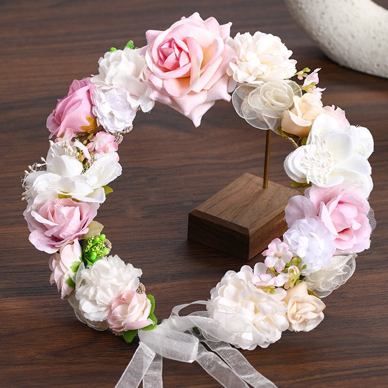 Floral Headband Hair Accessory with Artificial Flowers Wedding Bridal Veil, Photography Studio Beach Vacation Decorative Hairpiece - Luzilly Bridal & Apparel