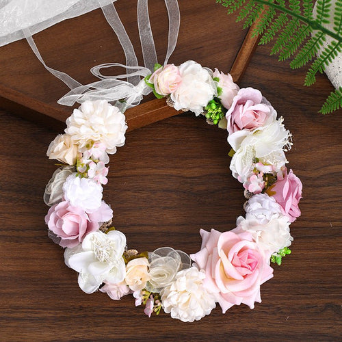 Floral Headband Hair Accessory with Artificial Flowers Wedding Bridal Veil, Photography Studio Beach Vacation Decorative Hairpiece - Luzilly Bridal & Apparel