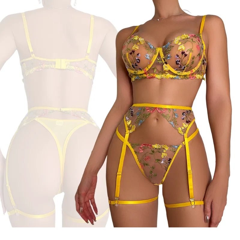 Floral Lace Bra, Garter Belt & Panty Set - Luzilly Bridal & Apparel