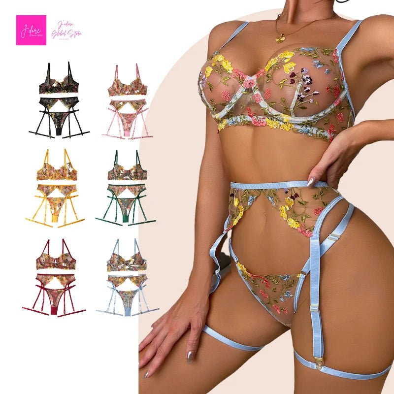 Floral Lace Bra, Garter Belt & Panty Set - Luzilly Bridal & Apparel