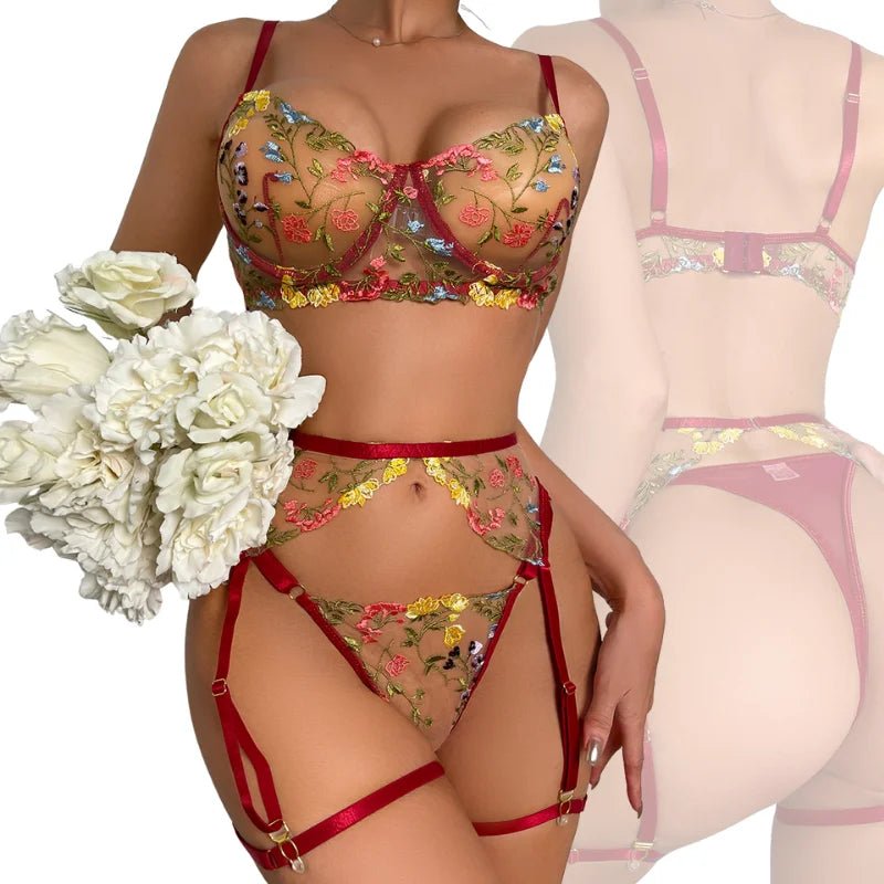 Floral Lace Bra, Garter Belt & Panty Set - Luzilly Bridal & Apparel