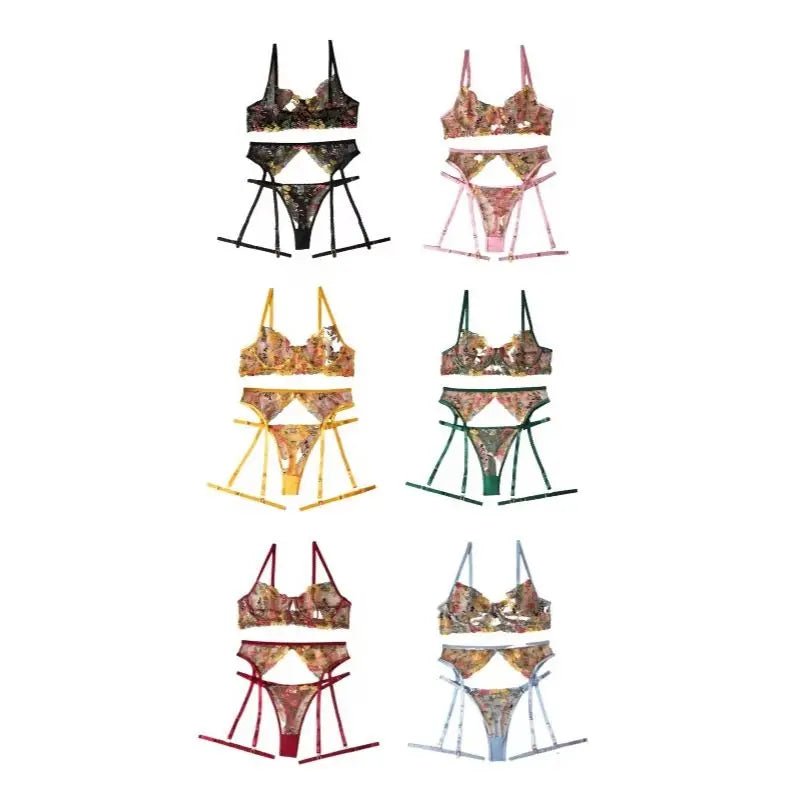 Floral Lace Bra, Garter Belt & Panty Set - Luzilly Bridal & Apparel