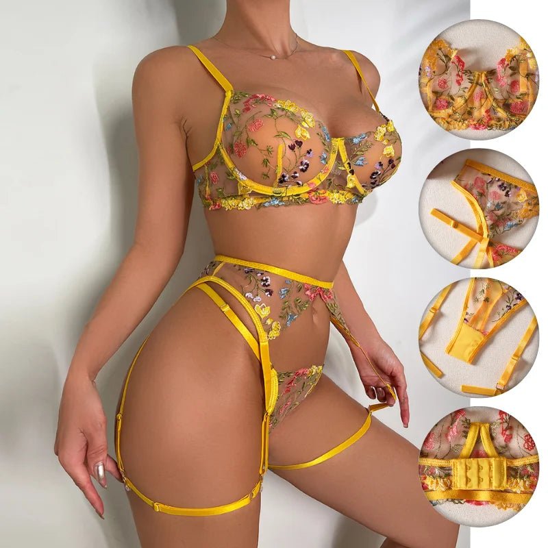 Floral Lace Bra, Garter Belt & Panty Set - Luzilly Bridal & Apparel