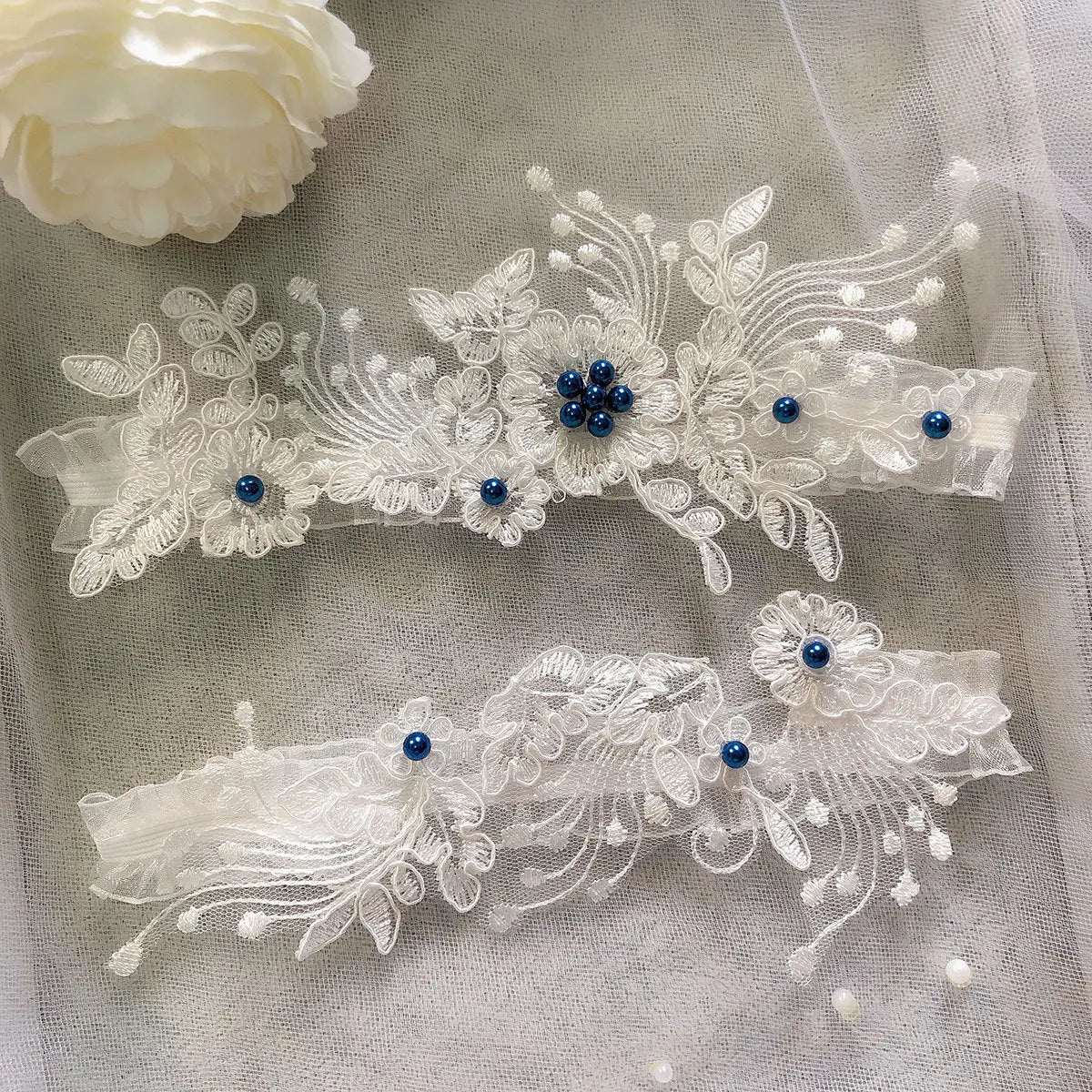 Floral Lace Bridal Garter Set with Pearls (Keepsake and Toss) - Luzilly Bridal & Apparel