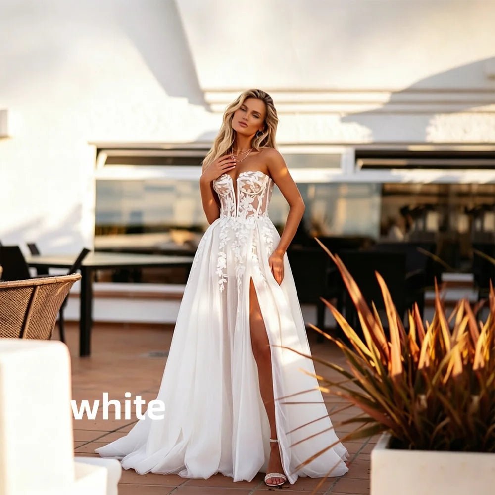 Floral Lace Corset Wedding Dress with High Slit - Luzilly Bridal & Apparel