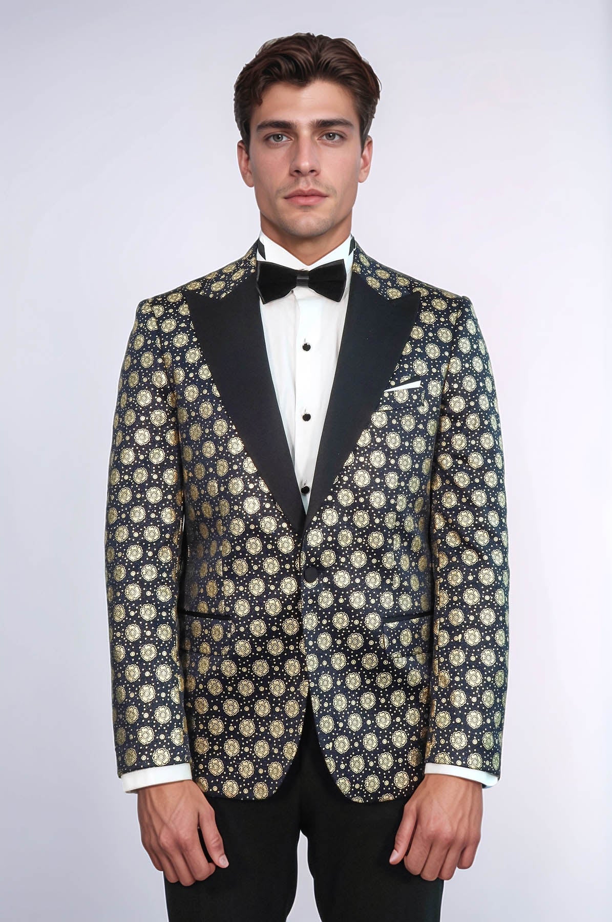 Floral Patterned Peak Lapel Navy Blue with Gold Embellished Dinner Jacket - Wessi - Luzilly Bridal & Apparel