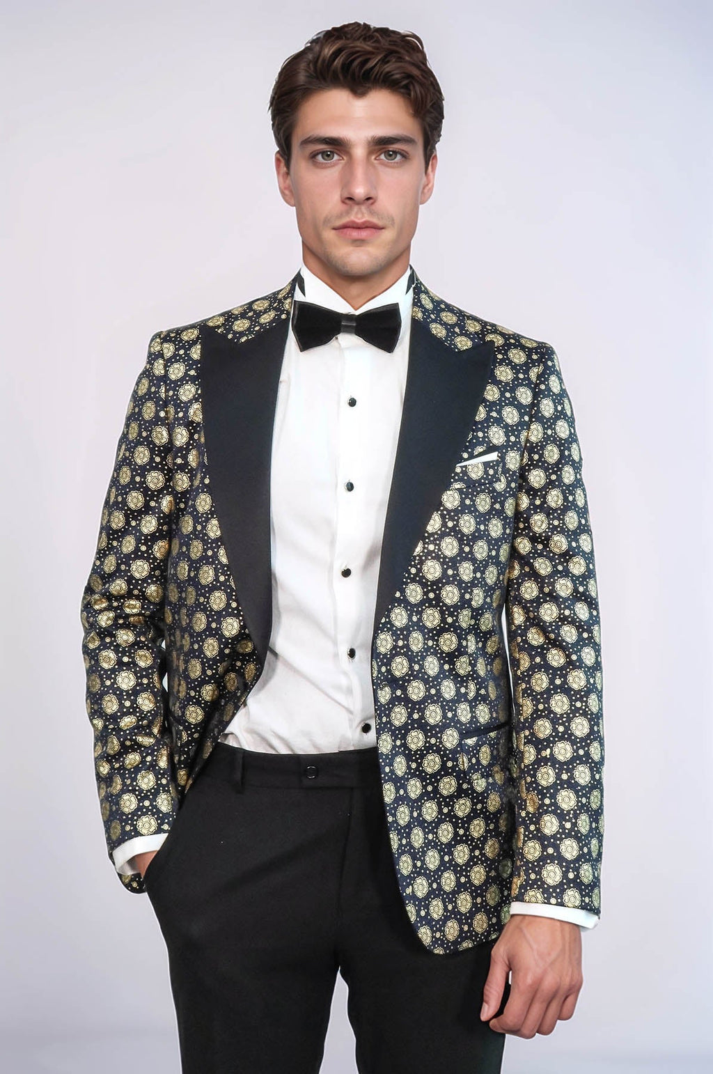 Floral Patterned Peak Lapel Navy Blue with Gold Embellished Dinner Jacket - Wessi - Luzilly Bridal & Apparel