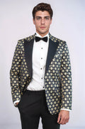 Floral Patterned Peak Lapel Navy Blue with Gold Embellished Dinner Jacket - Wessi - Luzilly Bridal & Apparel