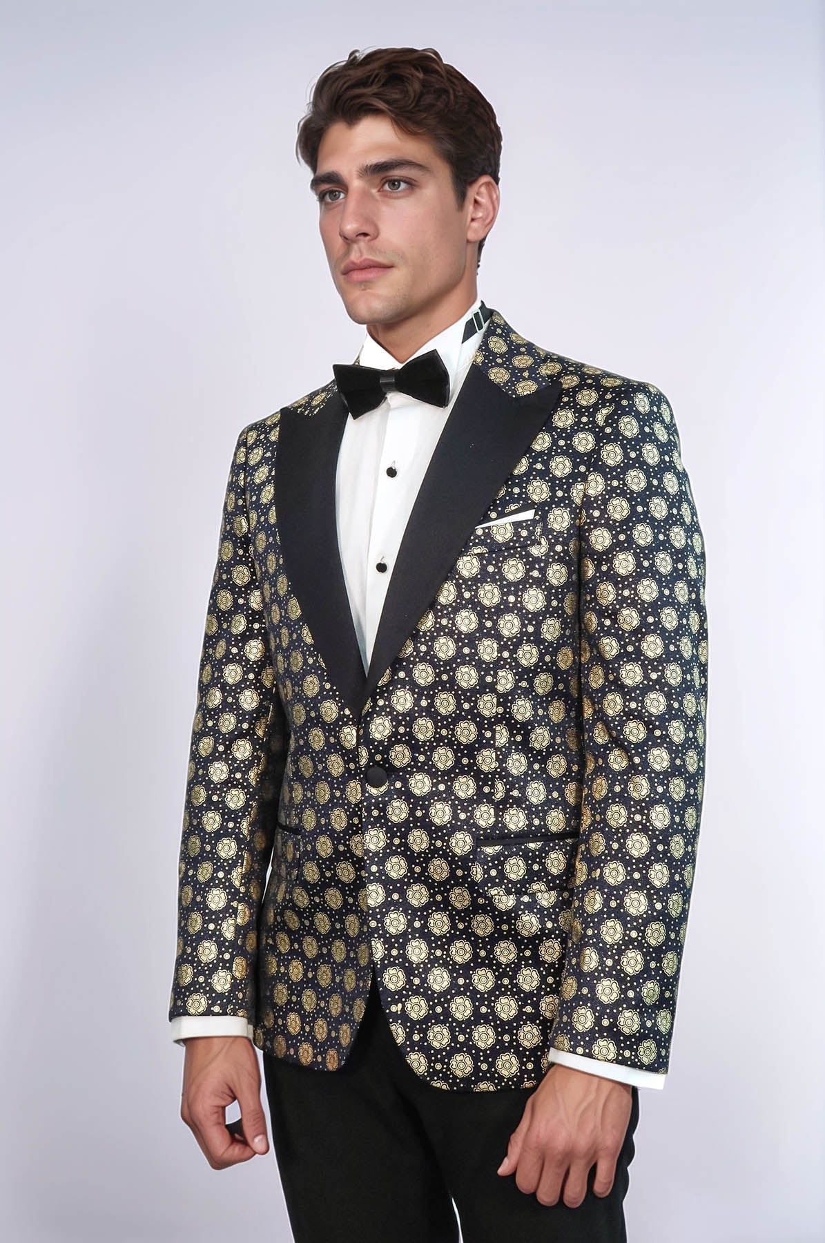 Floral Patterned Peak Lapel Navy Blue with Gold Embellished Dinner Jacket - Wessi - Luzilly Bridal & Apparel