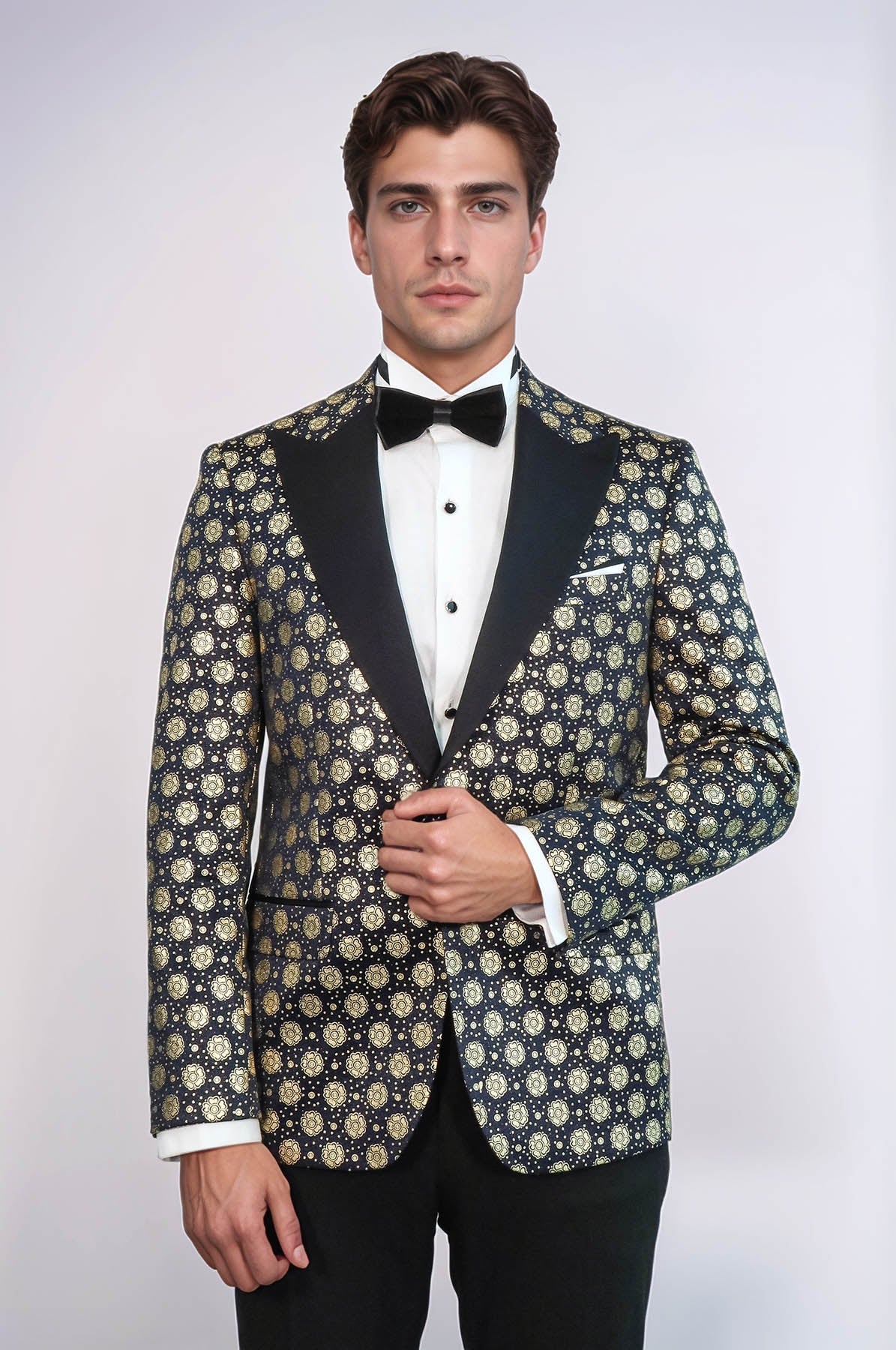 Floral Patterned Peak Lapel Navy Blue with Gold Embellished Dinner Jacket - Wessi - Luzilly Bridal & Apparel