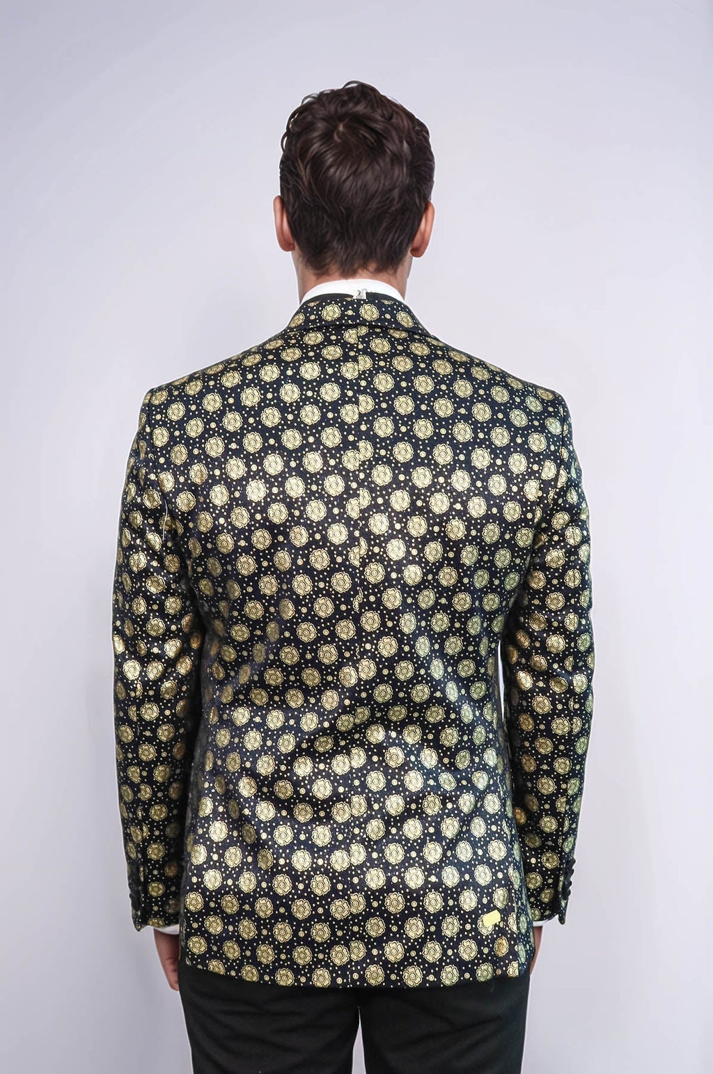 Floral Patterned Peak Lapel Navy Blue with Gold Embellished Dinner Jacket - Wessi - Luzilly Bridal & Apparel