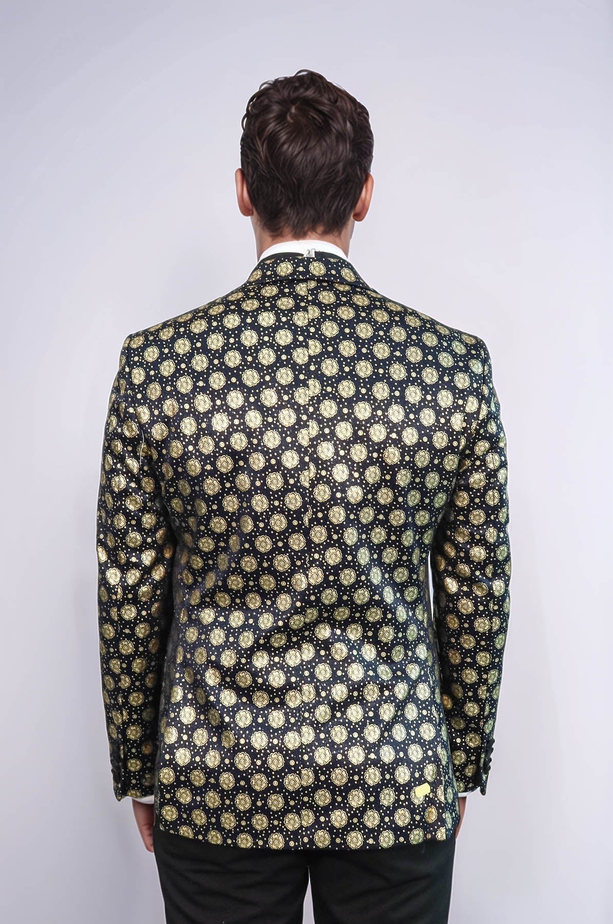 Floral Patterned Peak Lapel Navy Blue with Gold Embellished Dinner Jacket - Wessi - Luzilly Bridal & Apparel