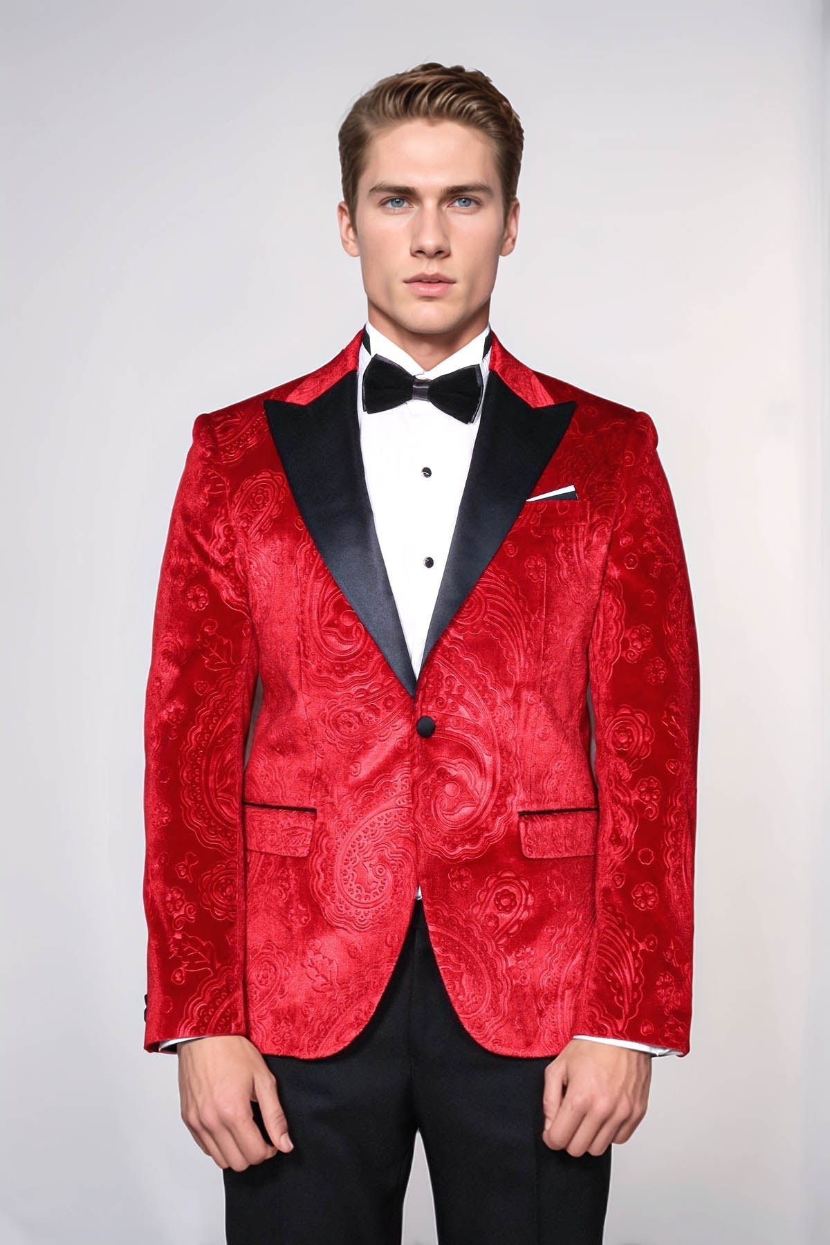 Floral Patterned Velvet Burgundy Men Tuxedo Jacket - Wessi - Luzilly Bridal & Apparel