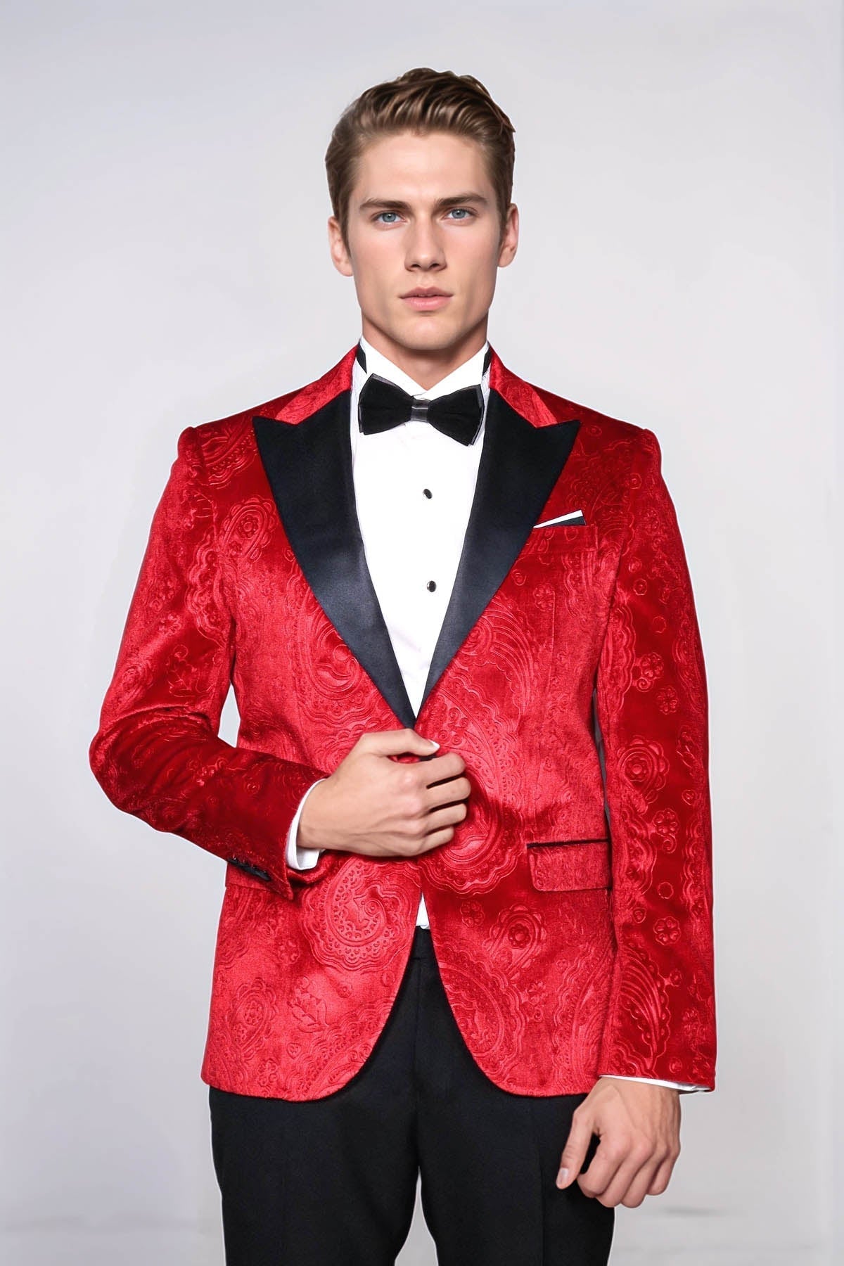 Floral Patterned Velvet Burgundy Men Tuxedo Jacket - Wessi - Luzilly Bridal & Apparel