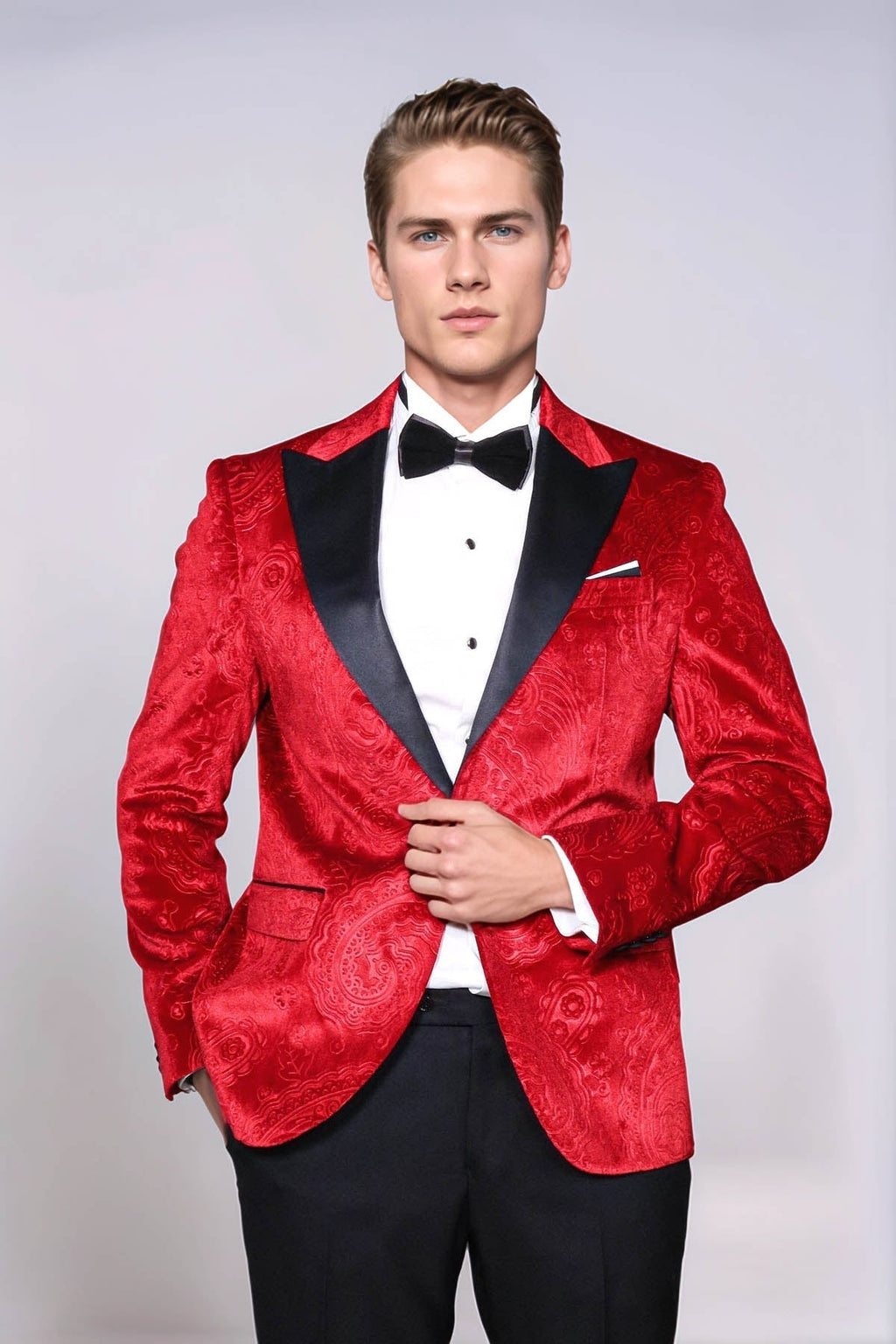 Floral Patterned Velvet Burgundy Men Tuxedo Jacket - Wessi - Luzilly Bridal & Apparel
