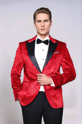 Floral Patterned Velvet Burgundy Men Tuxedo Jacket - Wessi - Luzilly Bridal & Apparel