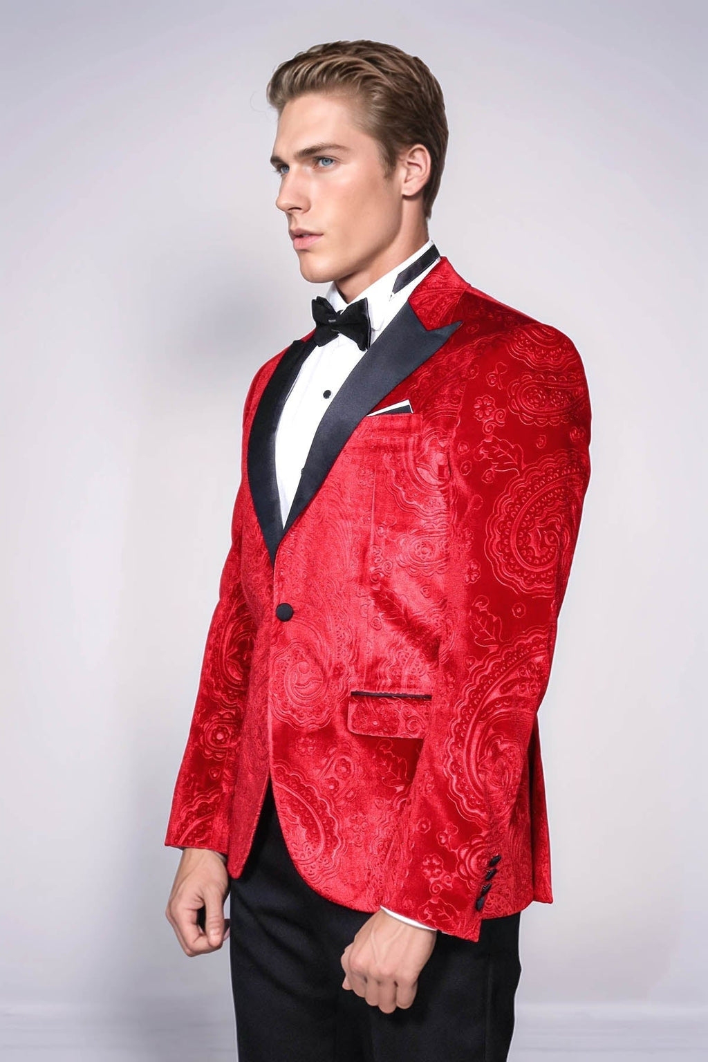 Floral Patterned Velvet Burgundy Men Tuxedo Jacket - Wessi - Luzilly Bridal & Apparel