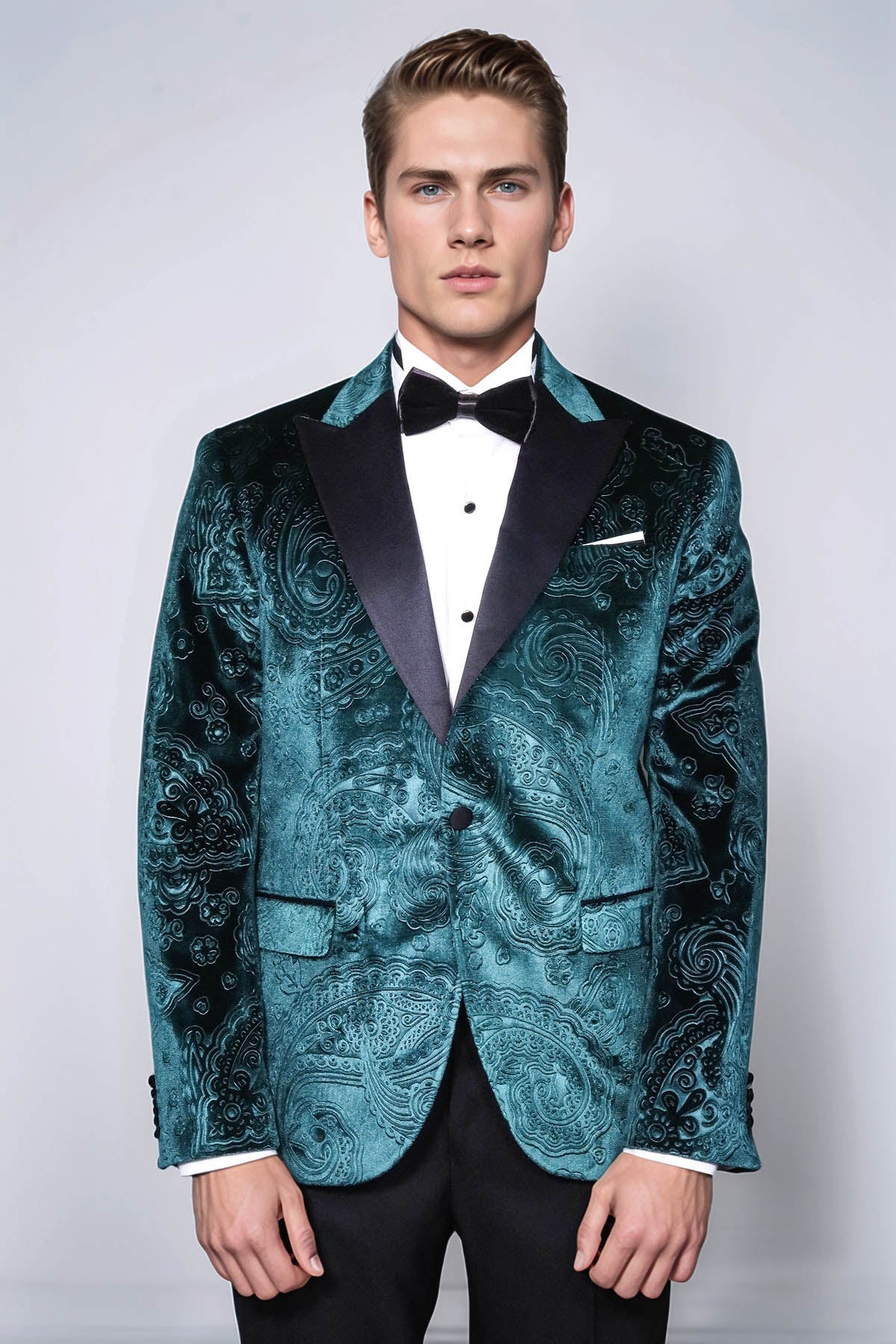 Floral Patterned Velvet Green Men Evening Jacket - Wessi - Luzilly Bridal & Apparel