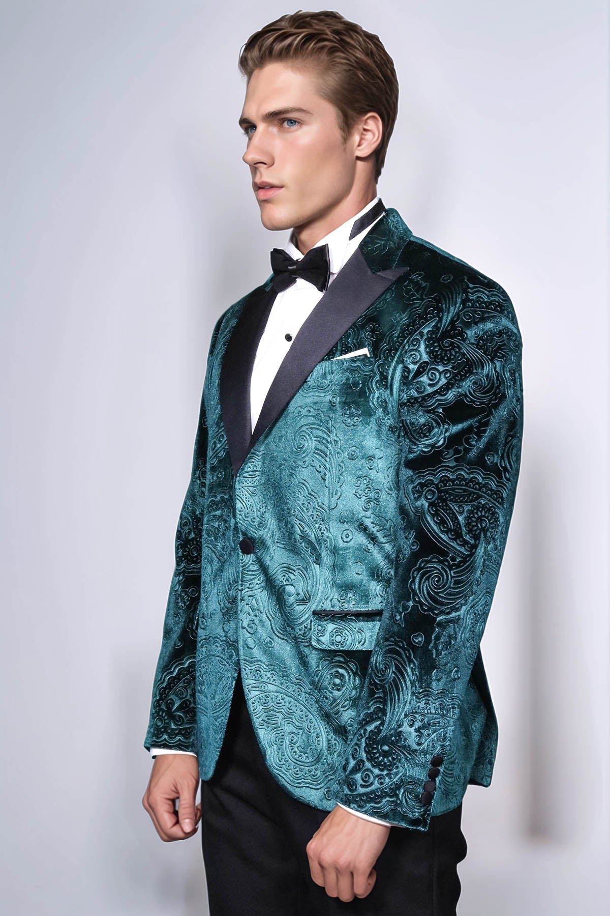 Floral Patterned Velvet Green Men Evening Jacket - Wessi - Luzilly Bridal & Apparel