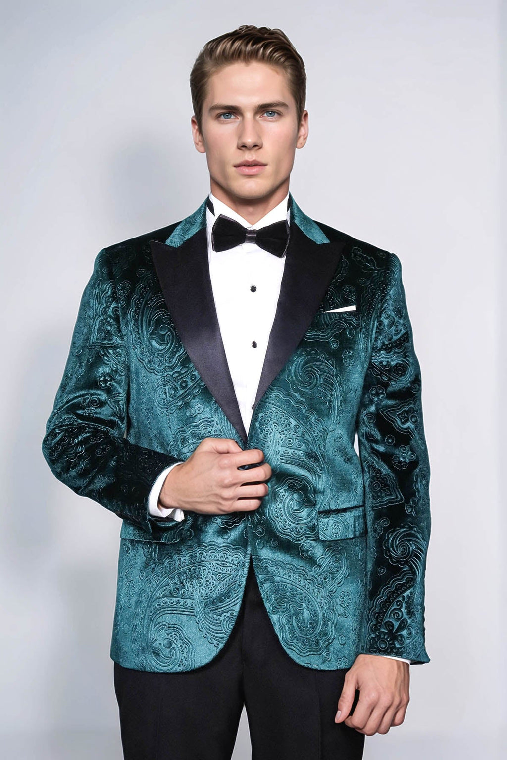 Floral Patterned Velvet Green Men Evening Jacket - Wessi - Luzilly Bridal & Apparel