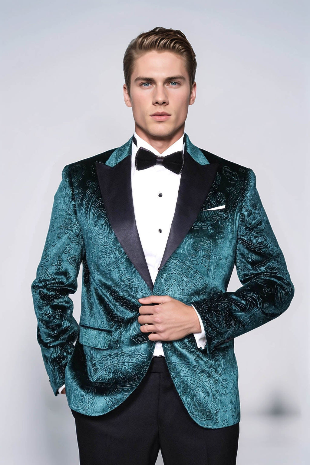 Floral Patterned Velvet Green Men Evening Jacket - Wessi - Luzilly Bridal & Apparel