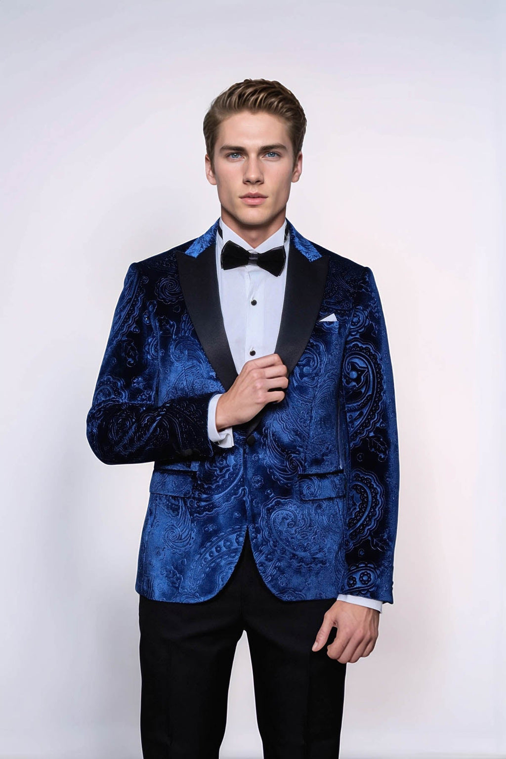 Floral Patterned Velvet Navy Blue Men Tuxedo Blazer - Wessi - Luzilly Bridal & Apparel
