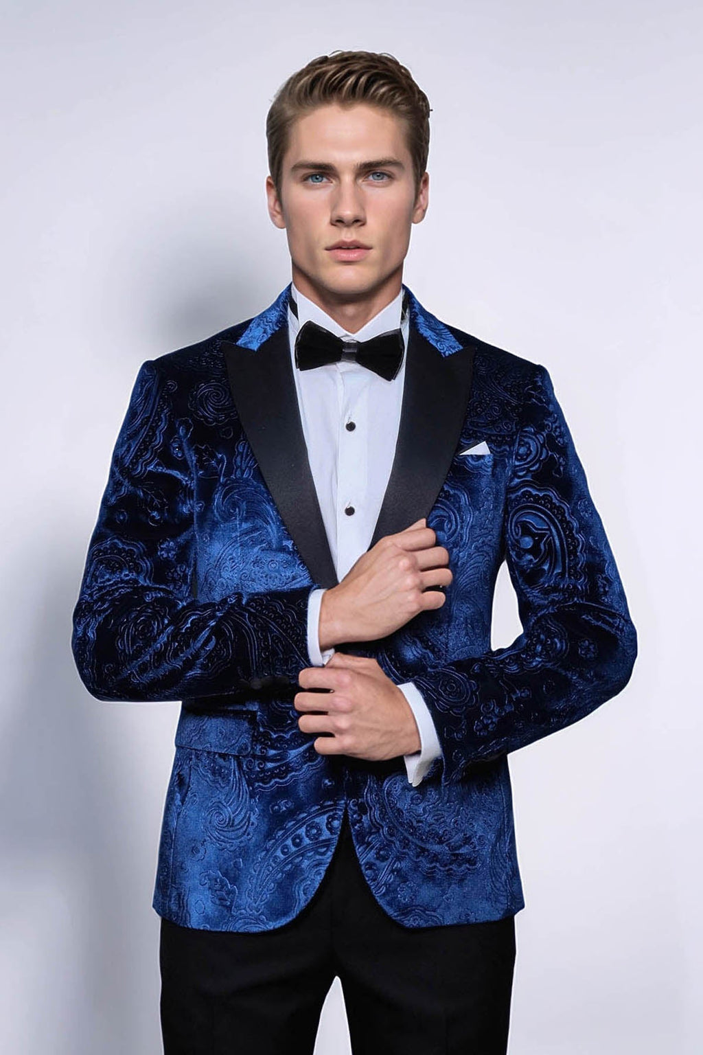 Floral Patterned Velvet Navy Blue Men Tuxedo Blazer - Wessi - Luzilly Bridal & Apparel