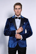 Floral Patterned Velvet Navy Blue Men Tuxedo Blazer - Wessi - Luzilly Bridal & Apparel