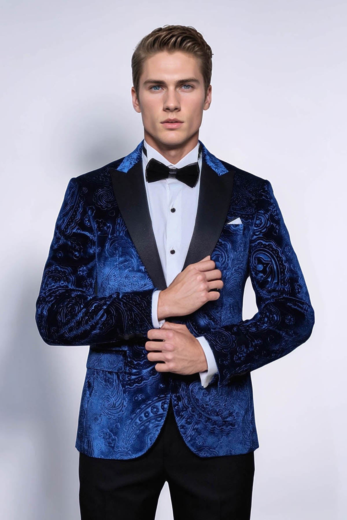 Floral Patterned Velvet Navy Blue Men Tuxedo Blazer - Wessi - Luzilly Bridal & Apparel