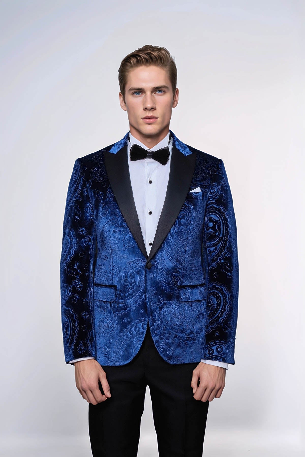 Floral Patterned Velvet Navy Blue Men Tuxedo Blazer - Wessi - Luzilly Bridal & Apparel