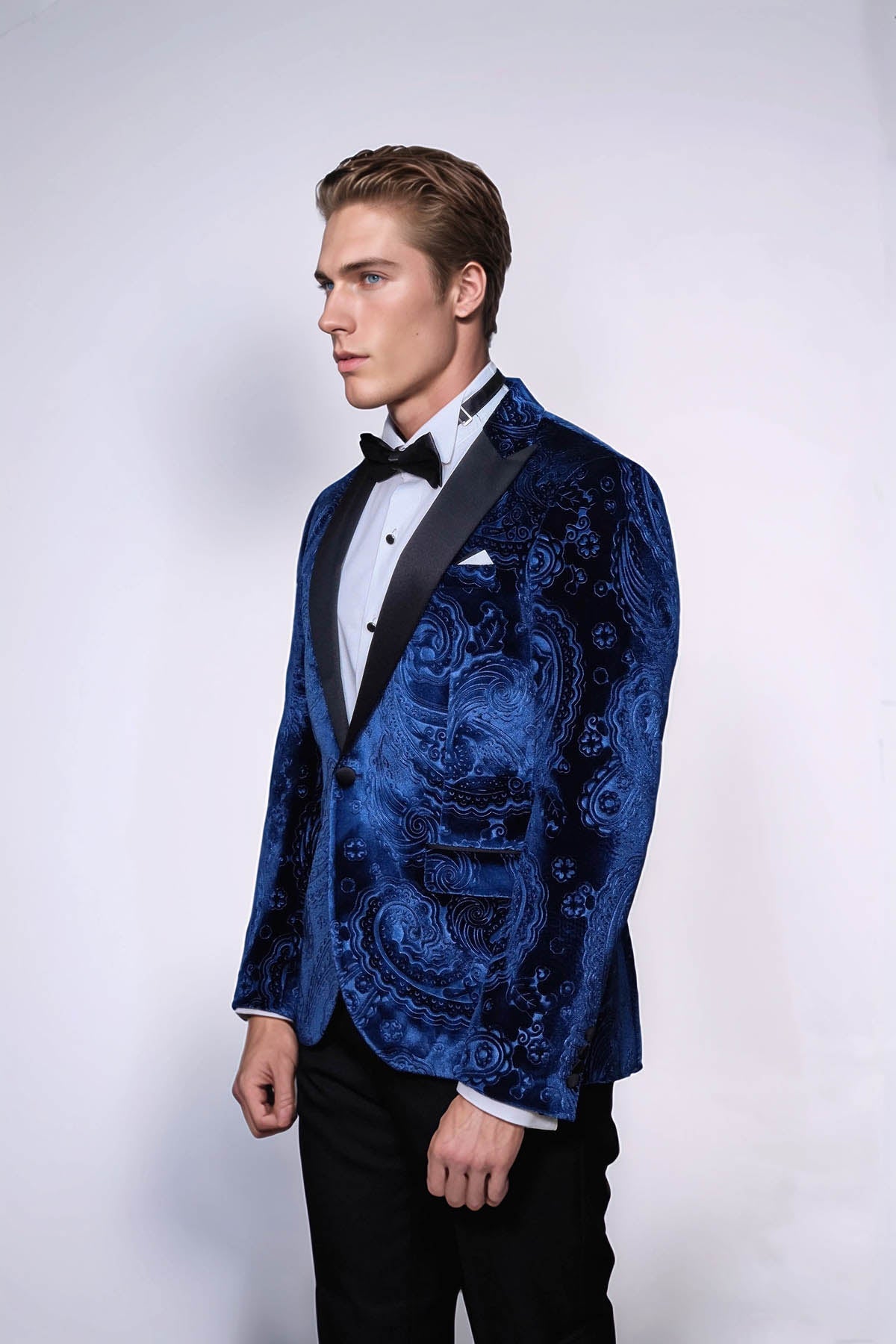 Floral Patterned Velvet Navy Blue Men Tuxedo Blazer - Wessi - Luzilly Bridal & Apparel