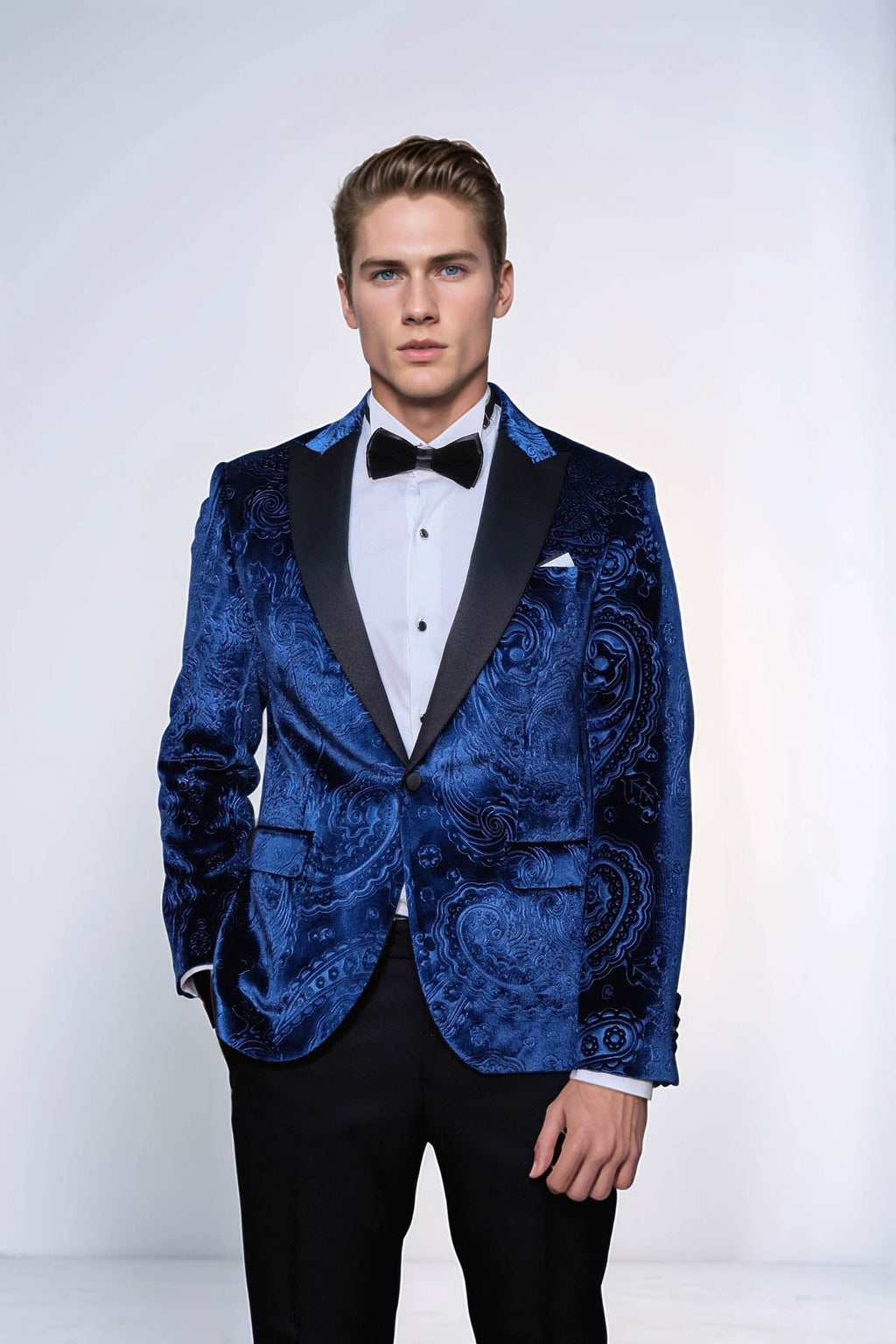 Floral Patterned Velvet Navy Blue Men Tuxedo Blazer - Wessi - Luzilly Bridal & Apparel