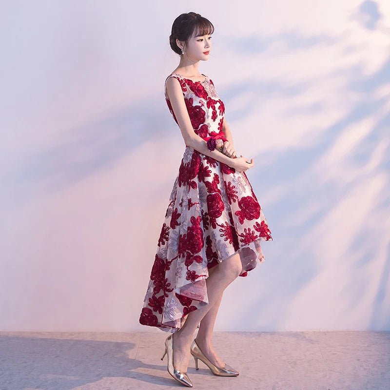 Floral Print Appliqué O-Neck Bridesmaid Dress - Luzilly Bridal & Apparel