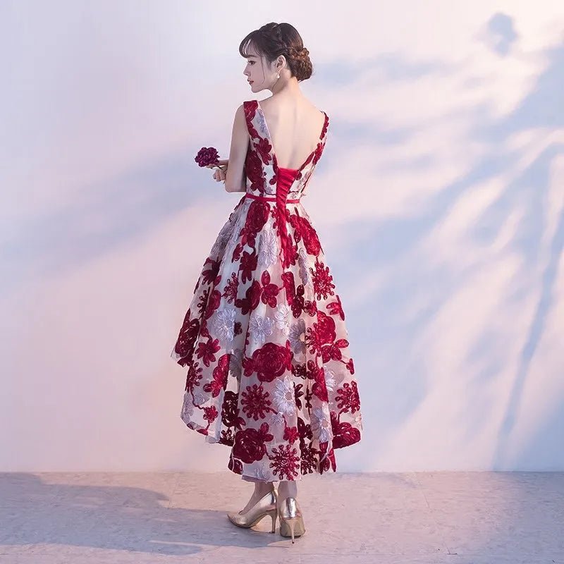 Floral Print Appliqué O-Neck Bridesmaid Dress - Luzilly Bridal & Apparel