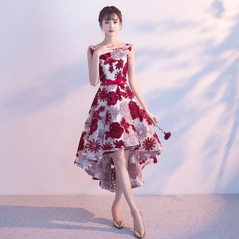 Floral Print Appliqué O-Neck Bridesmaid Dress - Luzilly Bridal & Apparel
