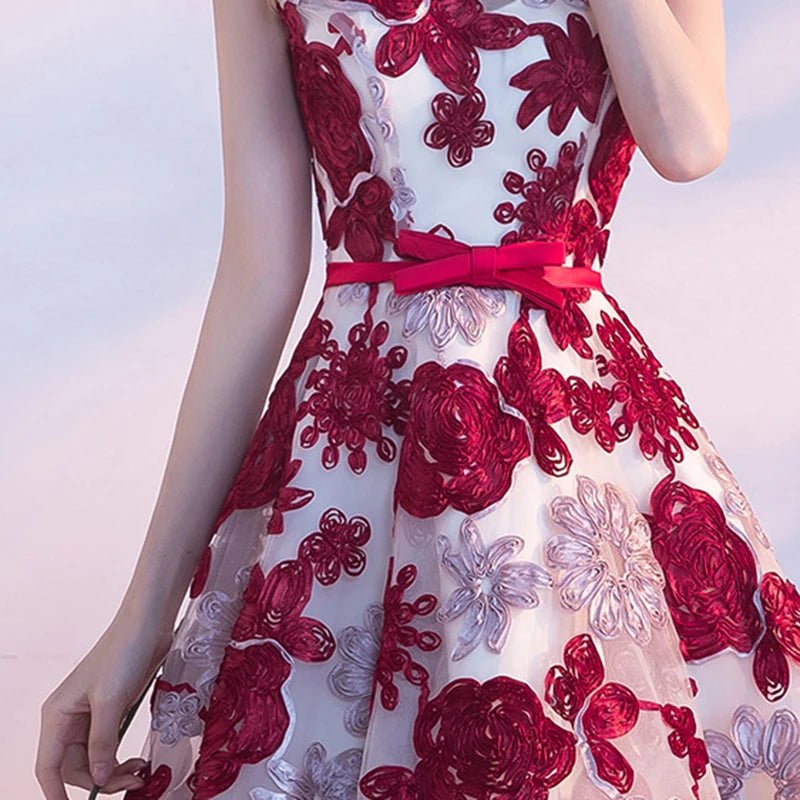 Floral Print Appliqué O-Neck Bridesmaid Dress - Luzilly Bridal & Apparel