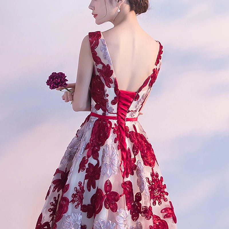 Floral Print Appliqué O-Neck Bridesmaid Dress - Luzilly Bridal & Apparel