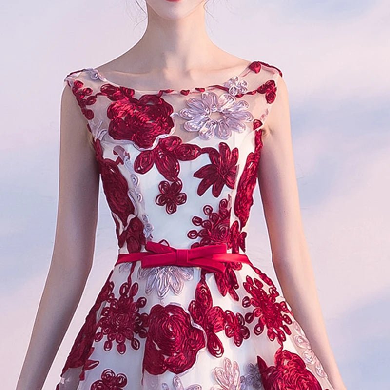 Floral Print Appliqué O-Neck Bridesmaid Dress - Luzilly Bridal & Apparel