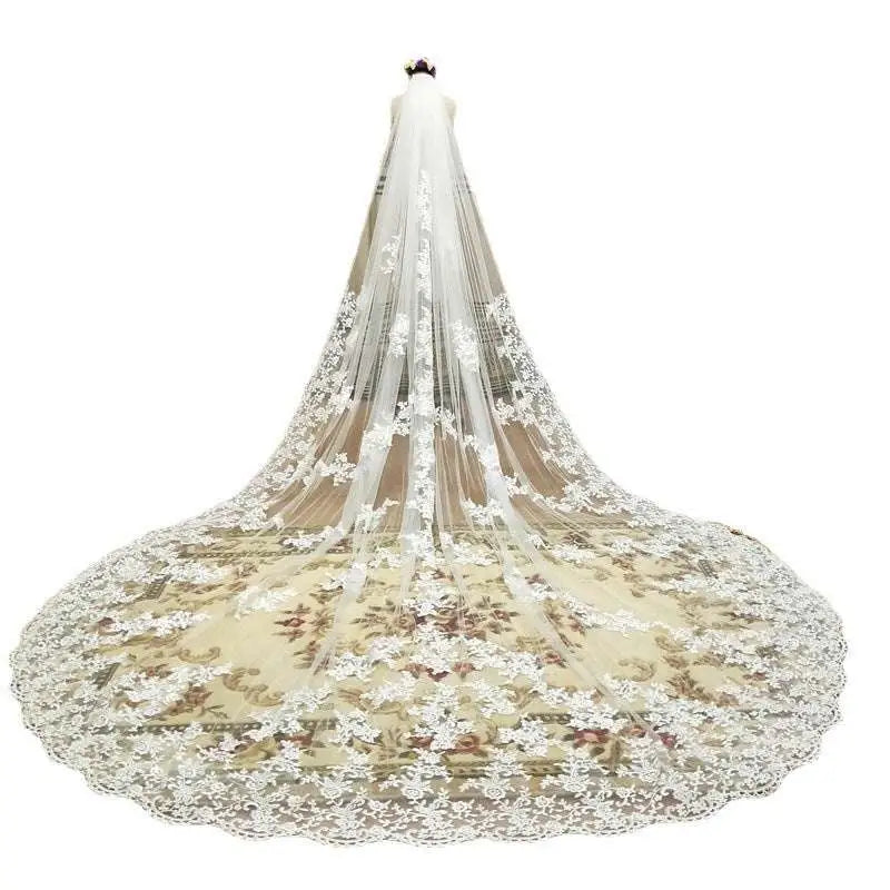 Floral Scalloped Cathedral Length Bridal Lace Veil