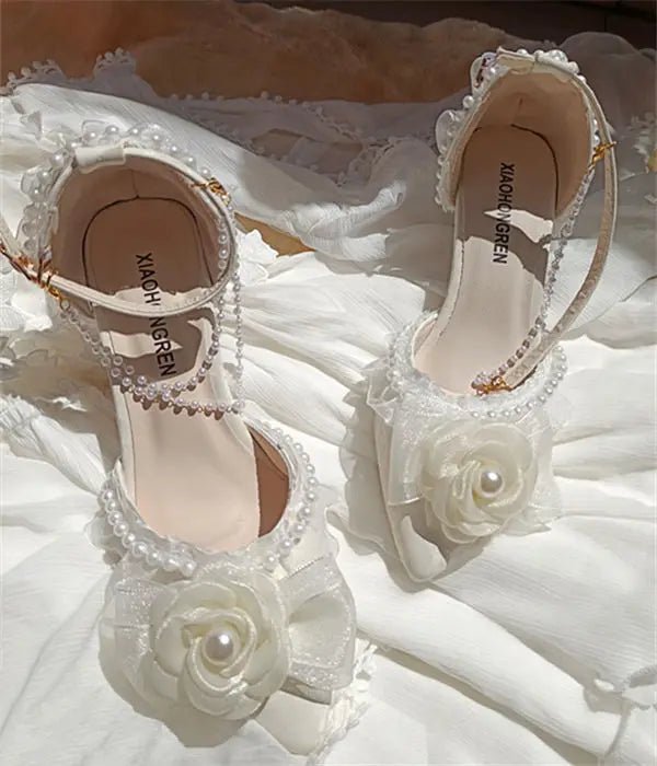 Flower Detail Pointed-Toe Bridal Heels - Luzilly Bridal & Apparel